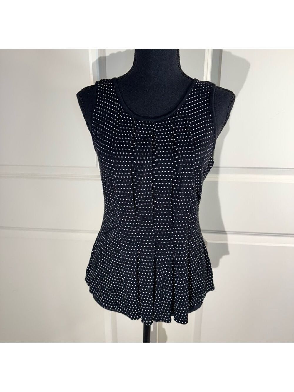 Max Studio Black Sleeveless Top with White Polka Dots and Pleated Detail Medium